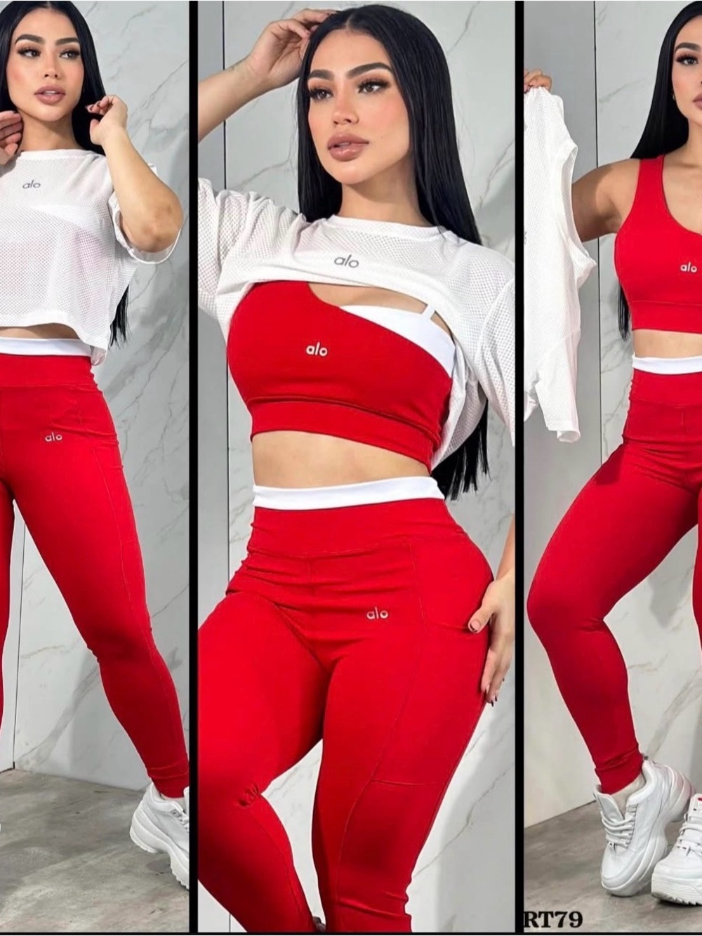 ALO Yoga Red High-Waist Leggings and Supportive Red Crop Top Set
